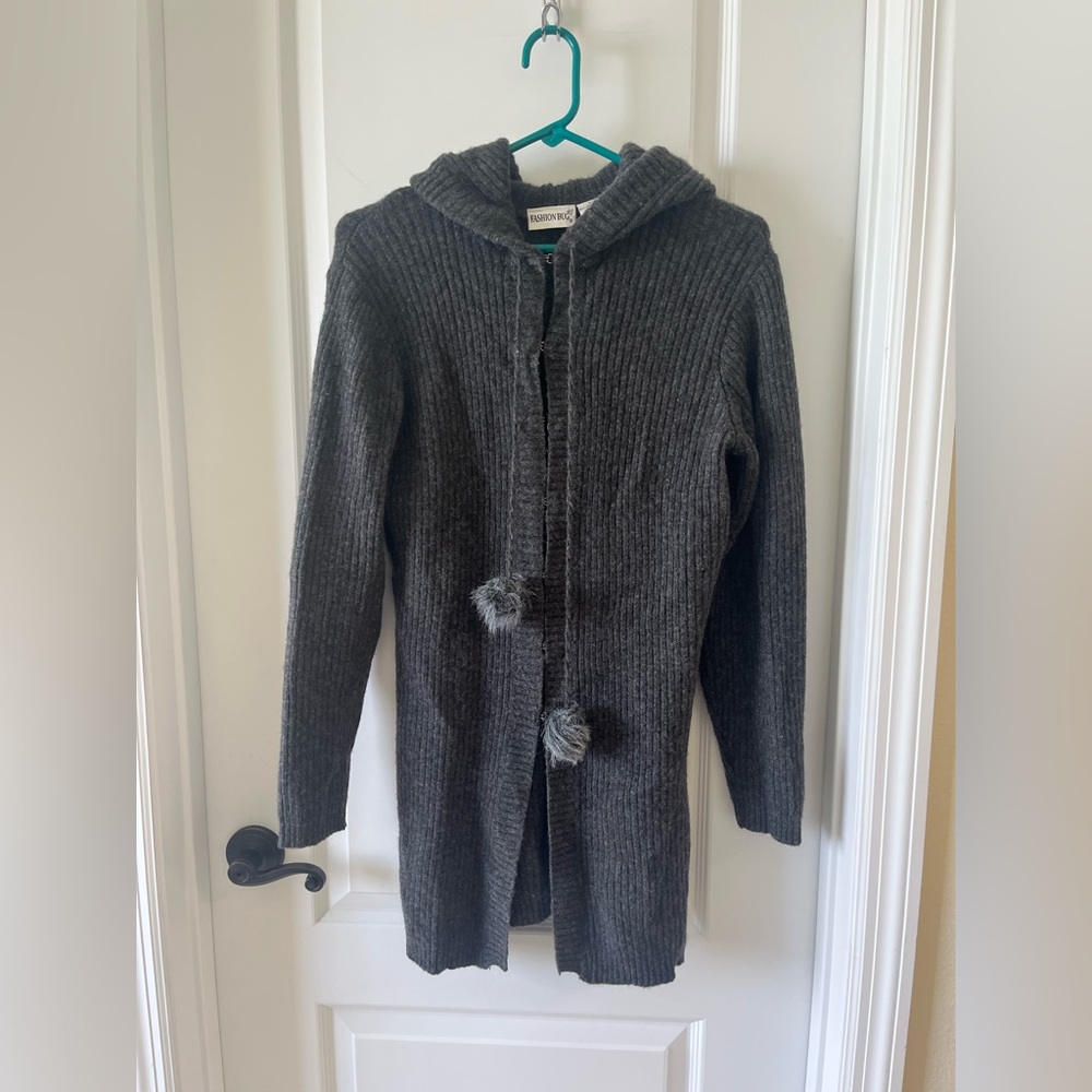 Vintage 90% Lamb Wool Charcoal Knit Hooded Cardigan Sweater Small
